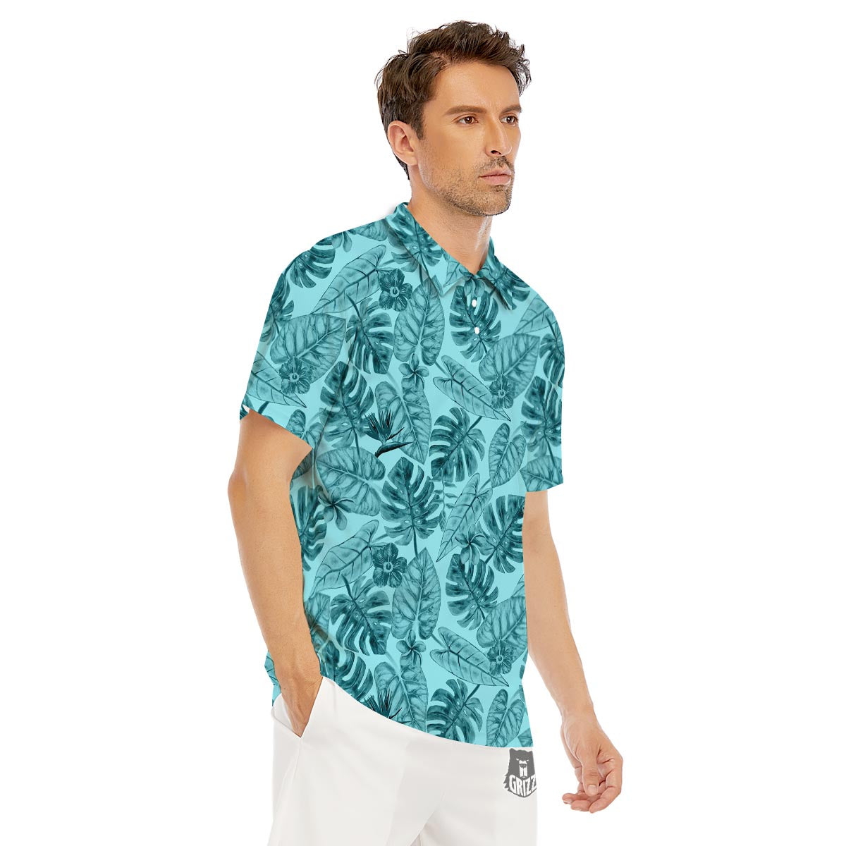 Leaf Flower Teal Hawaiian Print Pattern Men's Golf Shirts-grizzshop