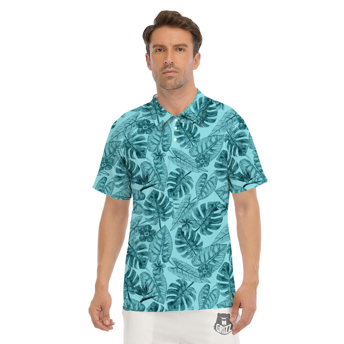 Leaf Flower Teal Hawaiian Print Pattern Men's Golf Shirts-grizzshop