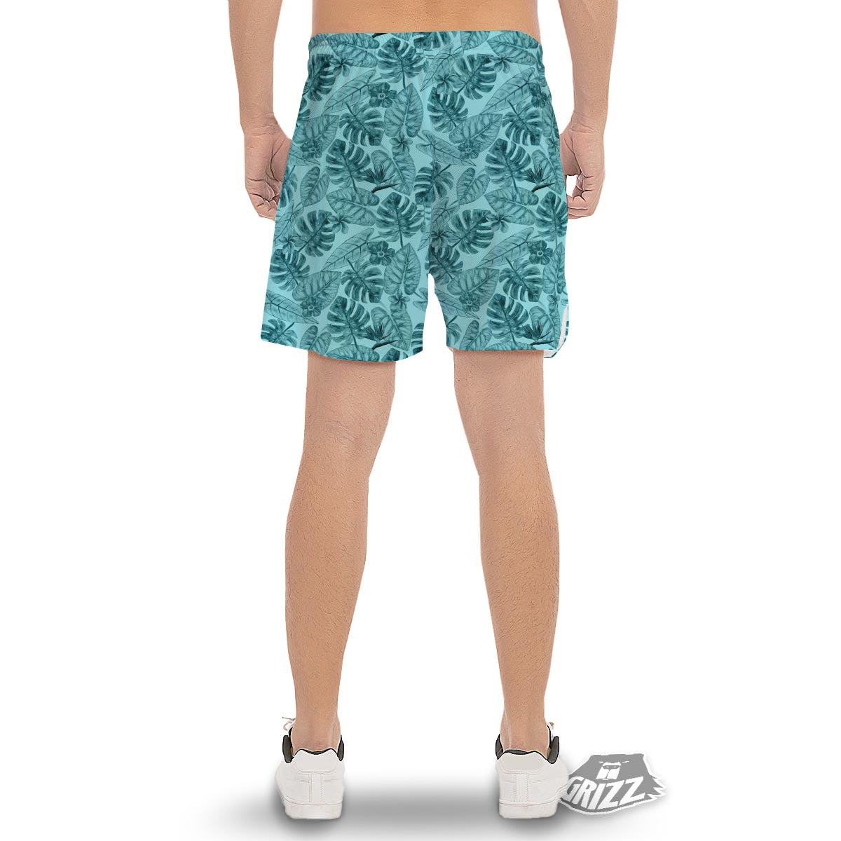 Leaf Flower Teal Hawaiian Print Pattern Men's Gym Shorts-grizzshop