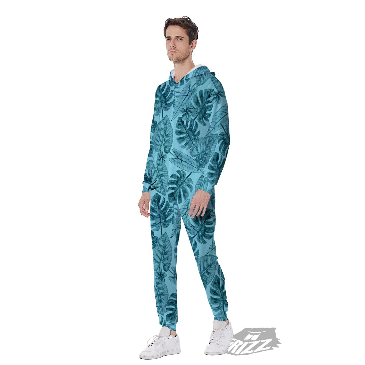 Leaf Flower Teal Hawaiian Print Pattern Men's Jumpsuit-grizzshop