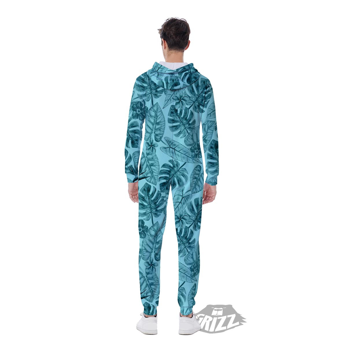 Leaf Flower Teal Hawaiian Print Pattern Men's Jumpsuit-grizzshop