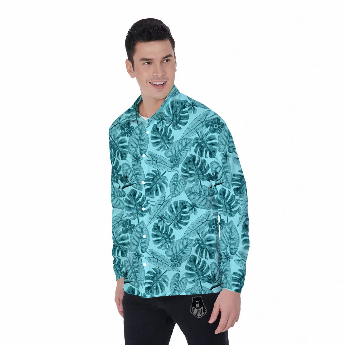 Leaf Flower Teal Hawaiian Print Pattern Men's Long Sleeve Shirts-grizzshop
