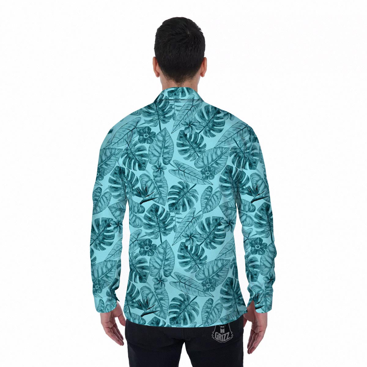 Leaf Flower Teal Hawaiian Print Pattern Men's Long Sleeve Shirts-grizzshop