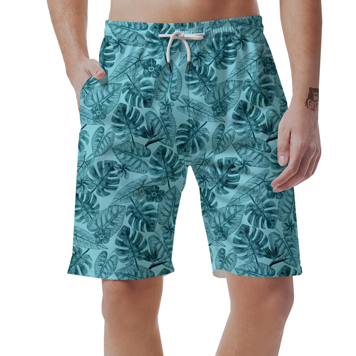 Leaf Flower Teal Hawaiian Print Pattern Men's Shorts-grizzshop
