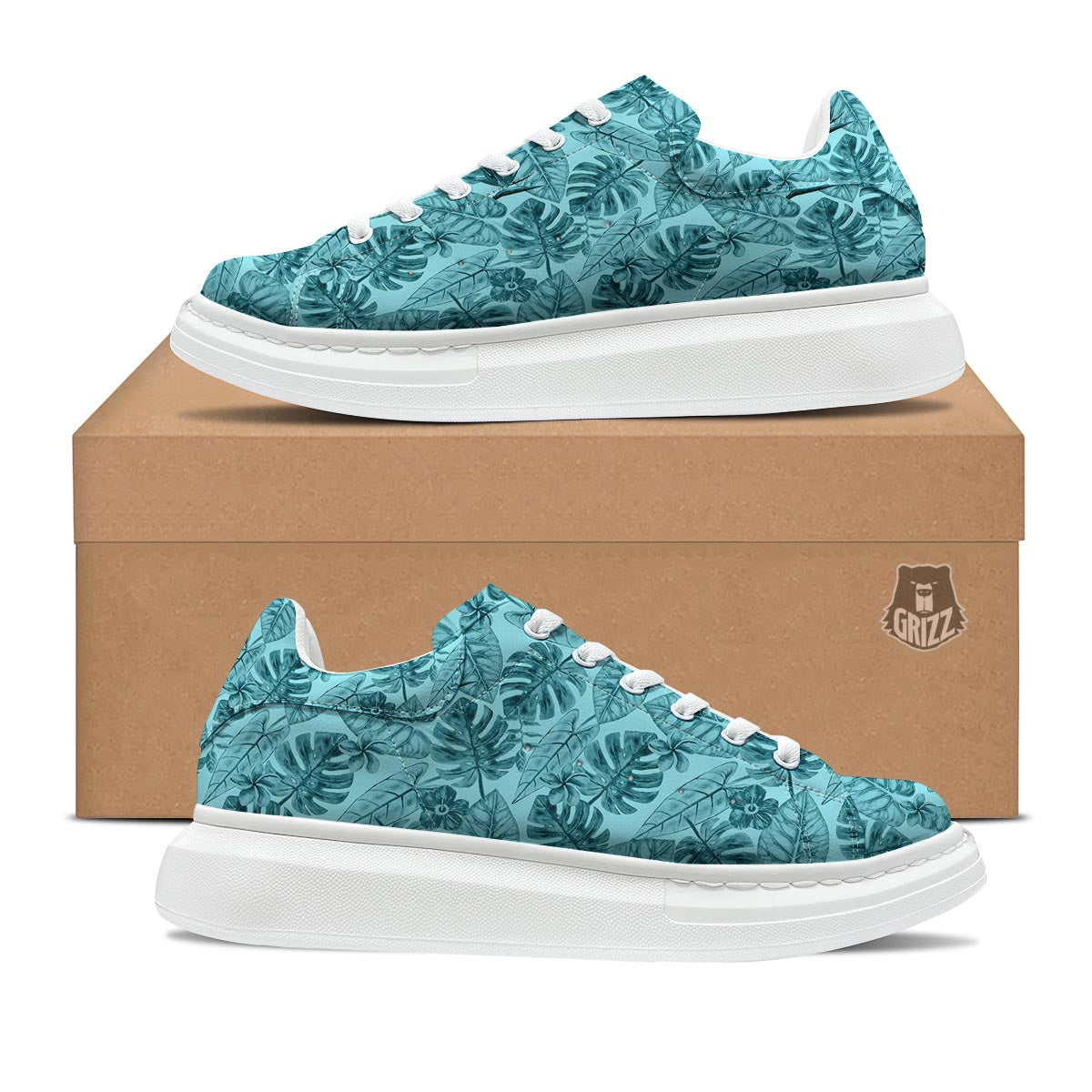 Leaf Flower Teal Hawaiian Print Pattern Platform Shoes-grizzshop