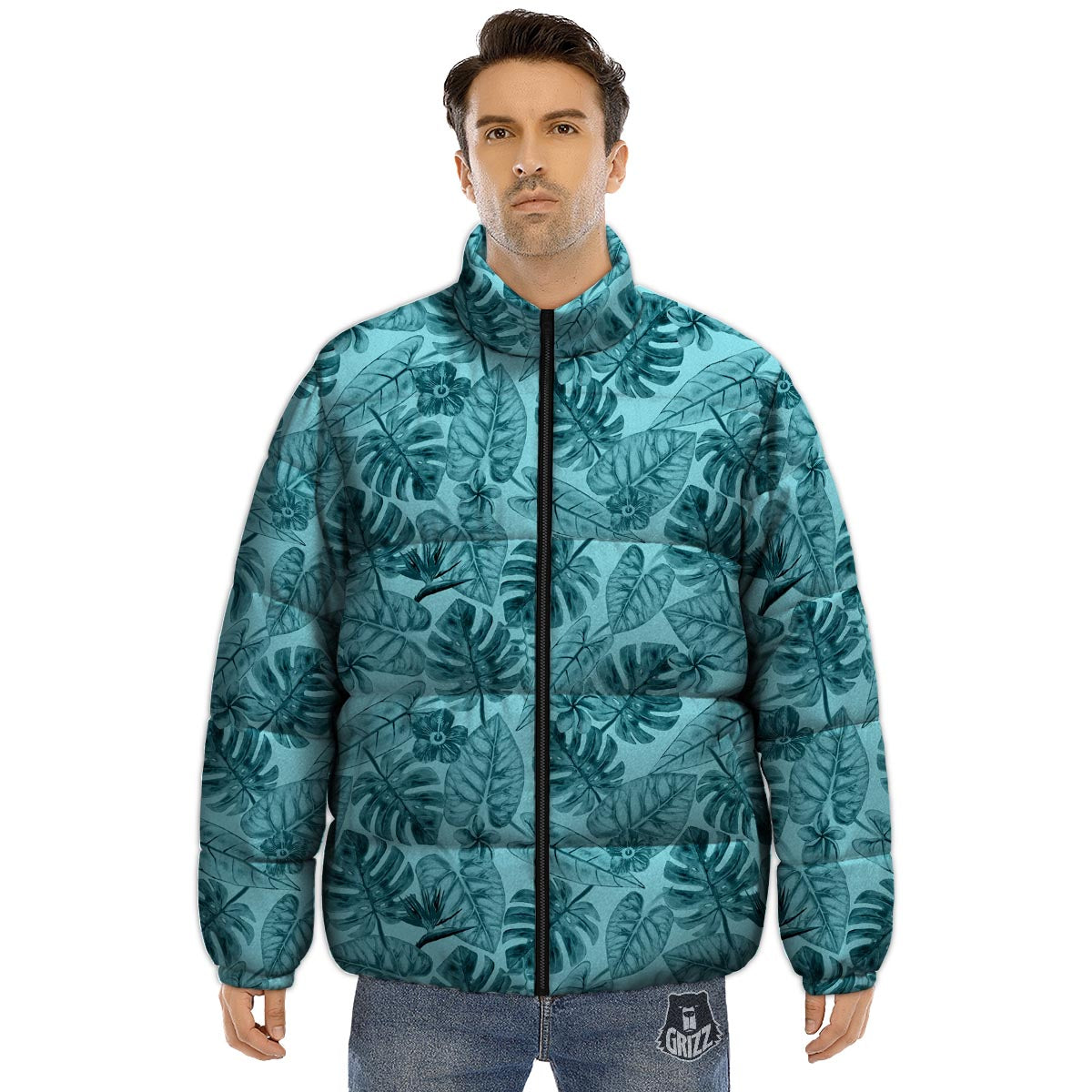 Leaf Flower Teal Hawaiian Print Pattern Puffer Jacket-grizzshop
