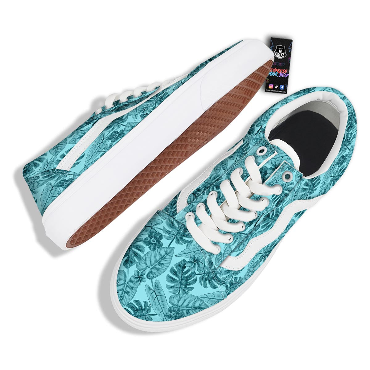 Leaf Flower Teal Hawaiian Print Pattern Skate Shoes-grizzshop