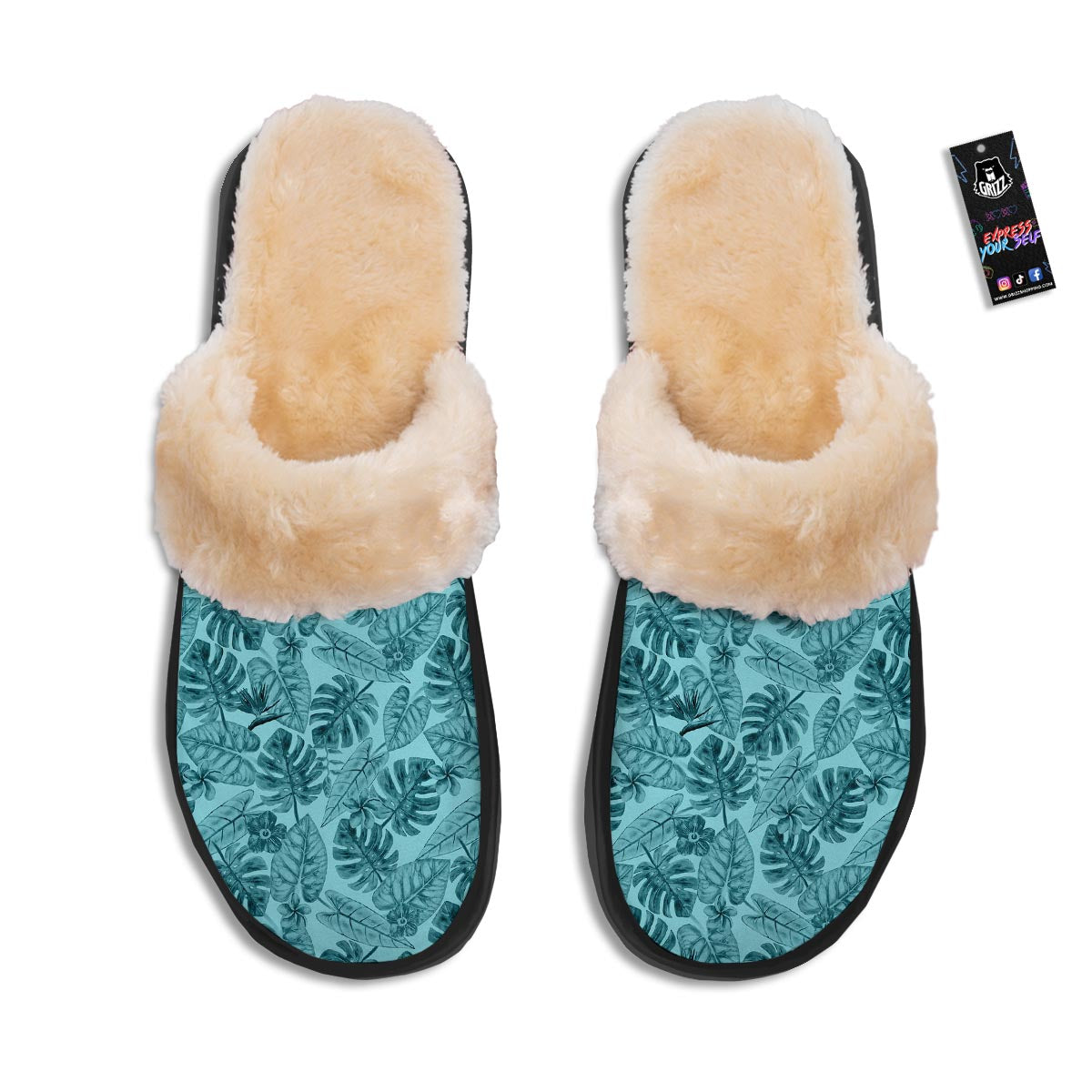 Leaf Flower Teal Hawaiian Print Pattern Slippers-grizzshop
