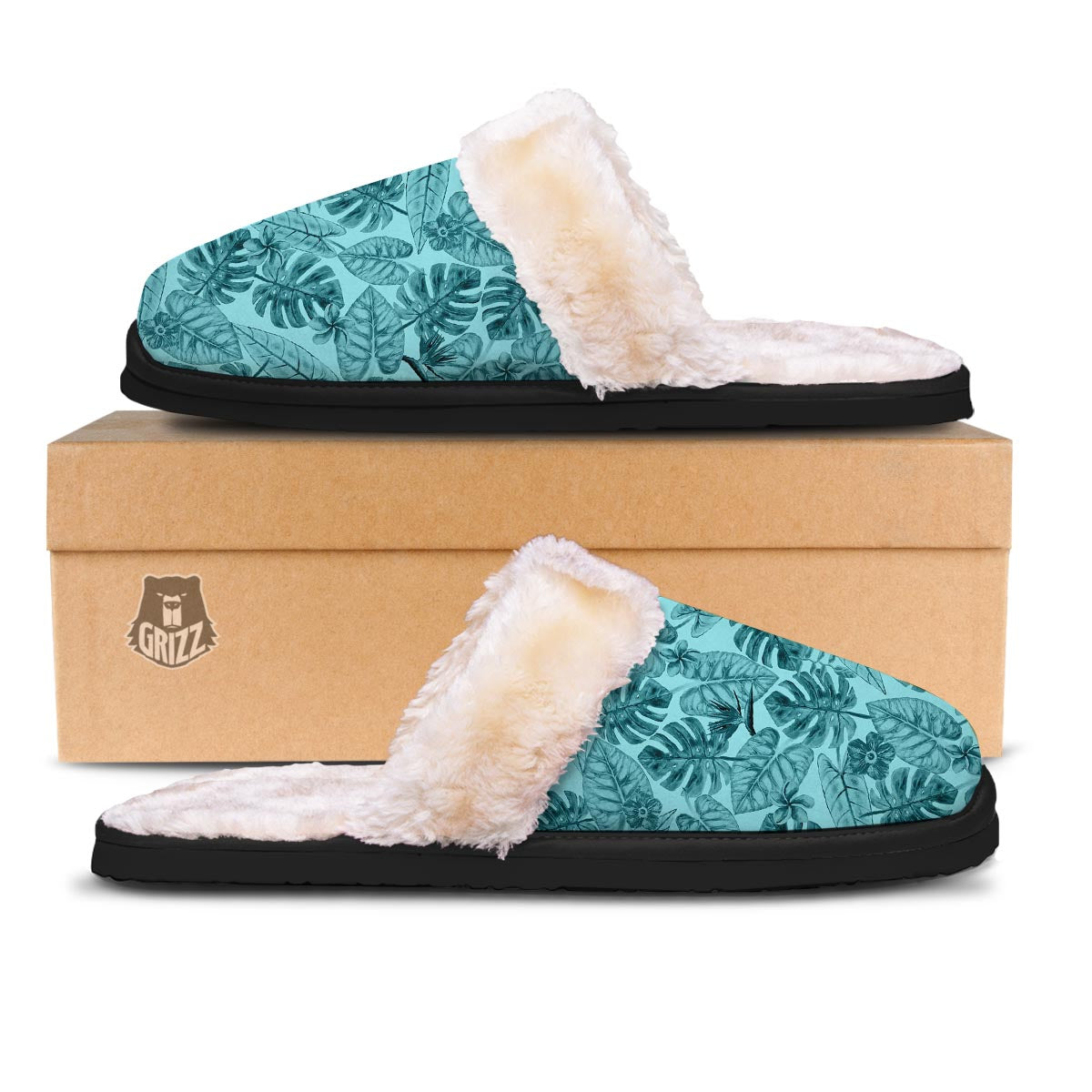 Leaf Flower Teal Hawaiian Print Pattern Slippers-grizzshop