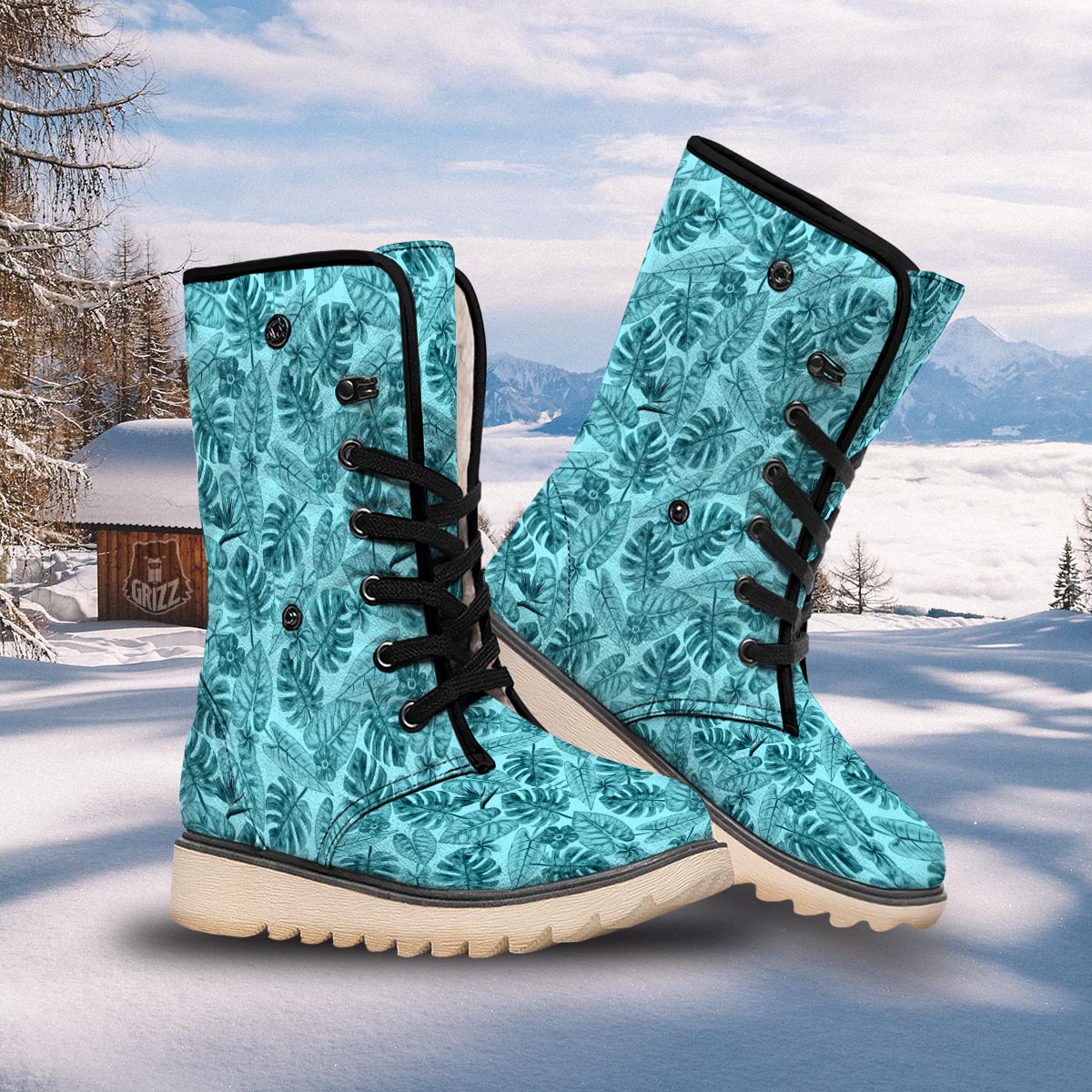 Leaf Flower Teal Hawaiian Print Pattern Snow Boots-grizzshop