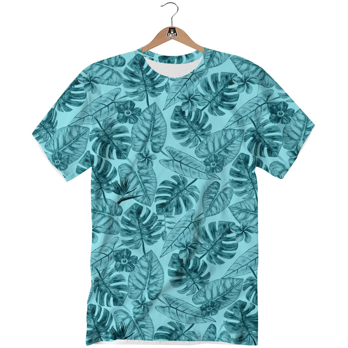 Leaf Flower Teal Hawaiian Print Pattern T-Shirt-grizzshop