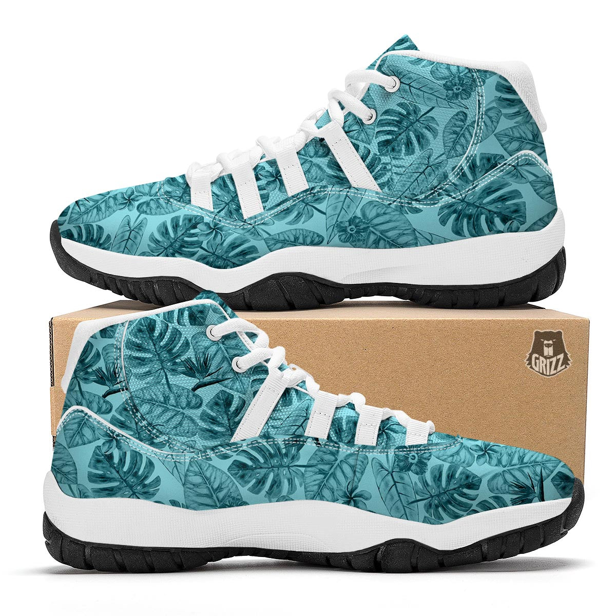 Leaf Flower Teal Hawaiian Print Pattern White Bball Shoes-grizzshop