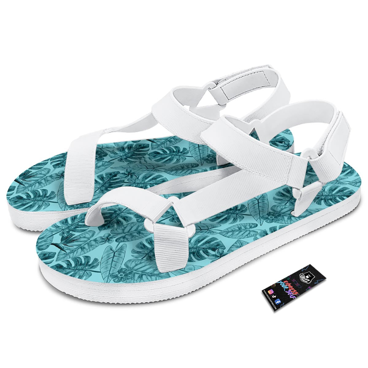 Leaf Flower Teal Hawaiian Print Pattern White Open Toe Sandals-grizzshop