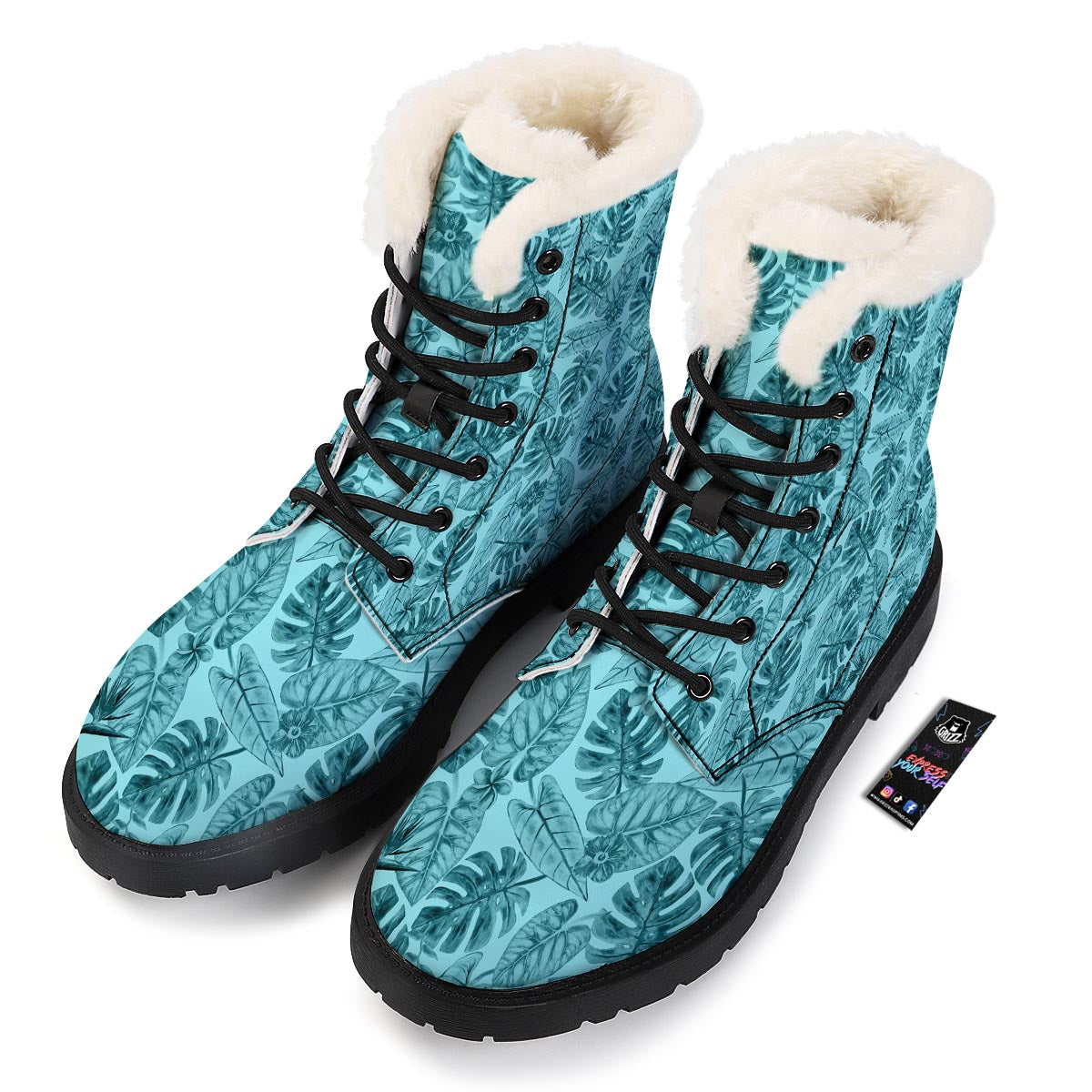 Leaf Flower Teal Hawaiian Print Pattern Winter Boots-grizzshop