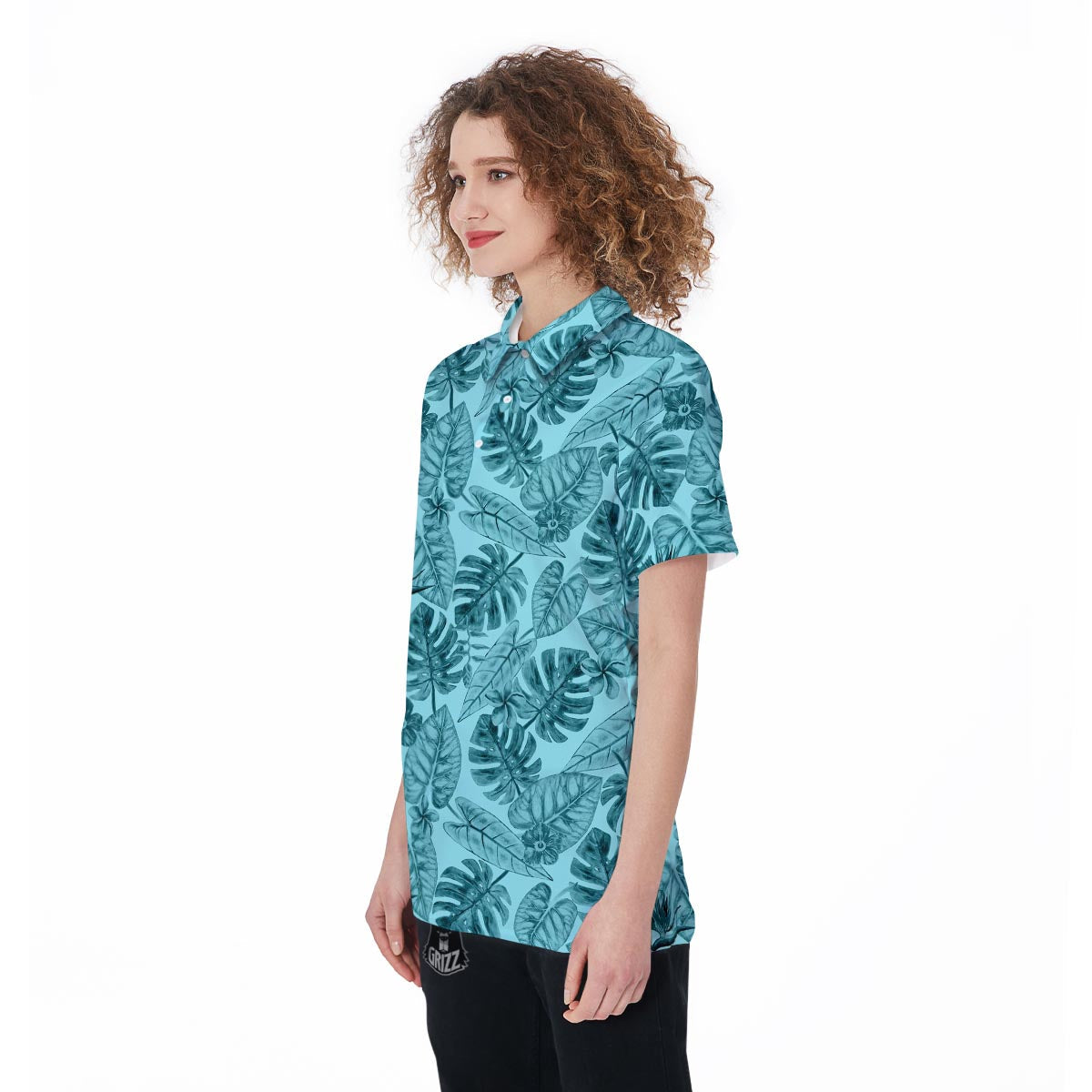 Leaf Flower Teal Hawaiian Print Pattern Women's Golf Shirts-grizzshop