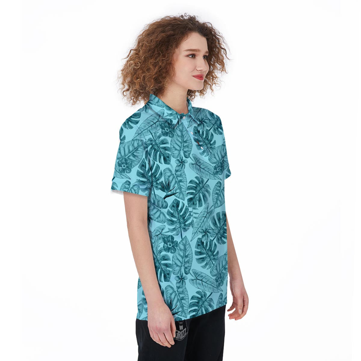 Leaf Flower Teal Hawaiian Print Pattern Women's Golf Shirts-grizzshop