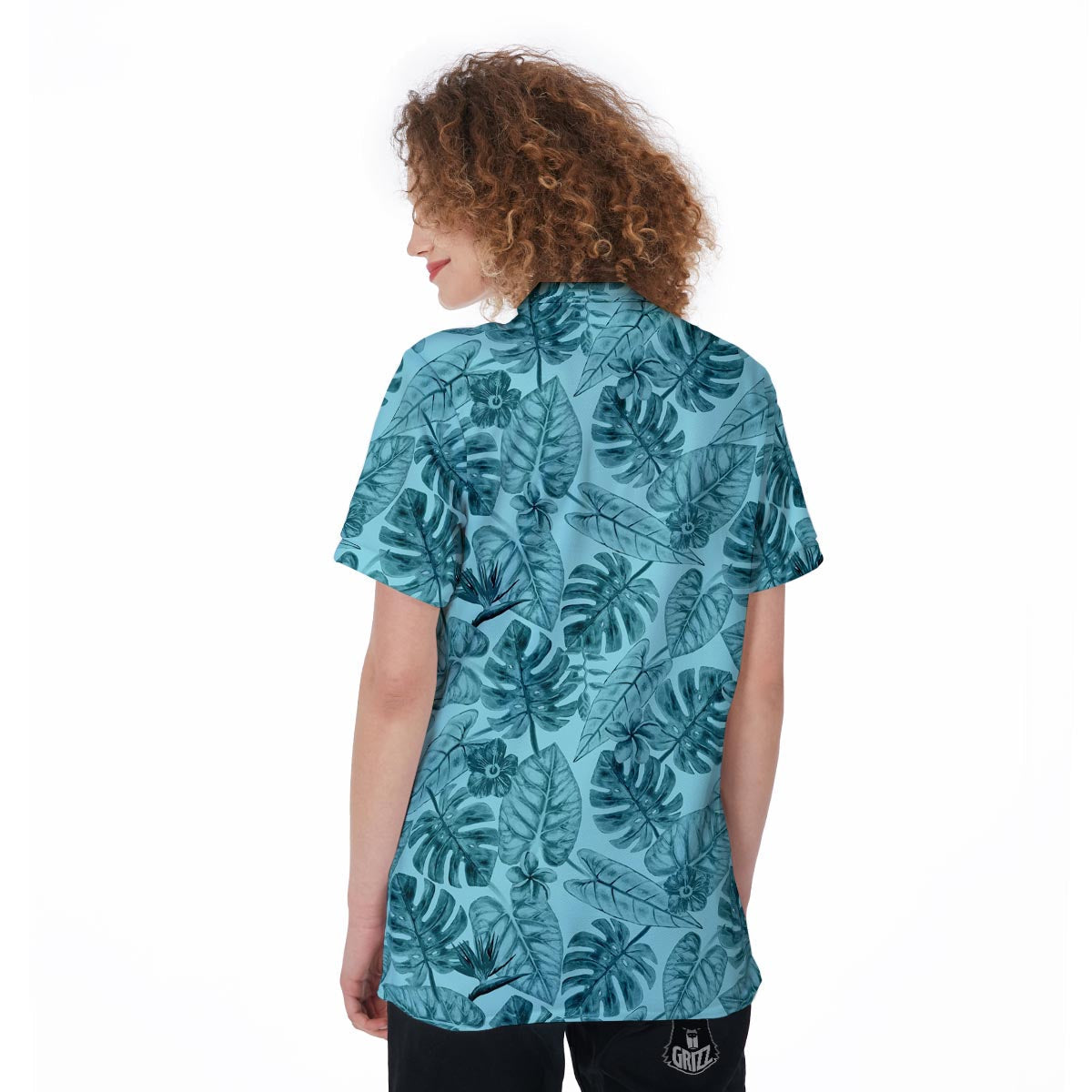 Leaf Flower Teal Hawaiian Print Pattern Women's Golf Shirts-grizzshop