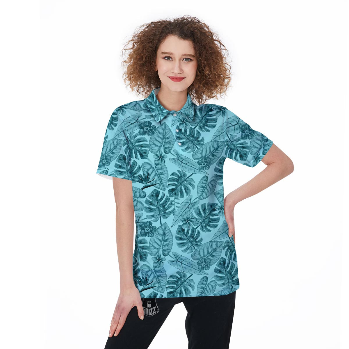Leaf Flower Teal Hawaiian Print Pattern Women's Golf Shirts-grizzshop