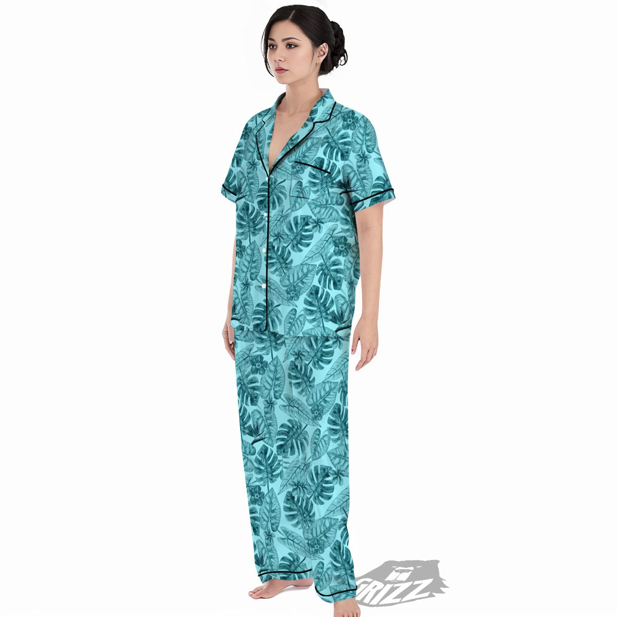 Leaf Flower Teal Hawaiian Print Pattern Women's Pajamas Set-grizzshop