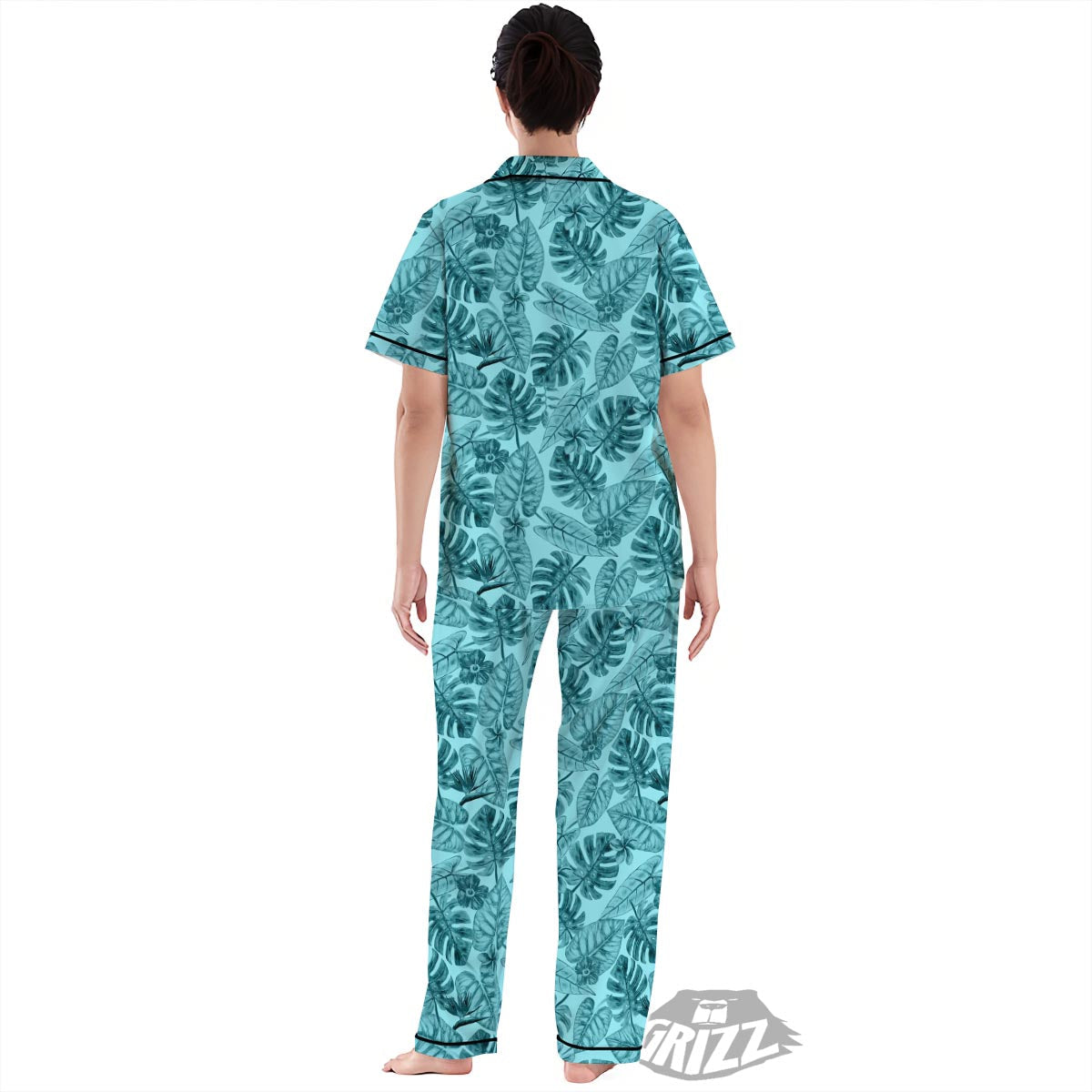 Leaf Flower Teal Hawaiian Print Pattern Women's Pajamas Set-grizzshop