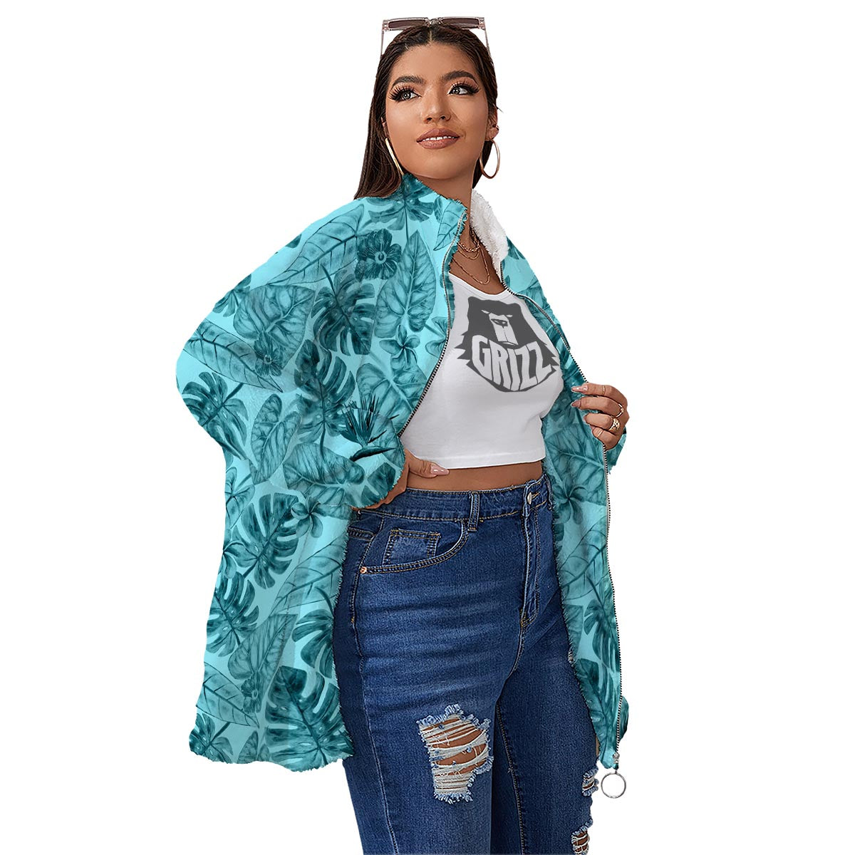 Leaf Flower Teal Hawaiian Print Pattern Women's Sherpa Jacket-grizzshop