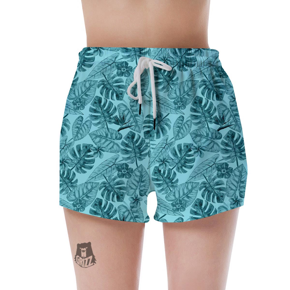 Leaf Flower Teal Hawaiian Print Pattern Women's Shorts-grizzshop