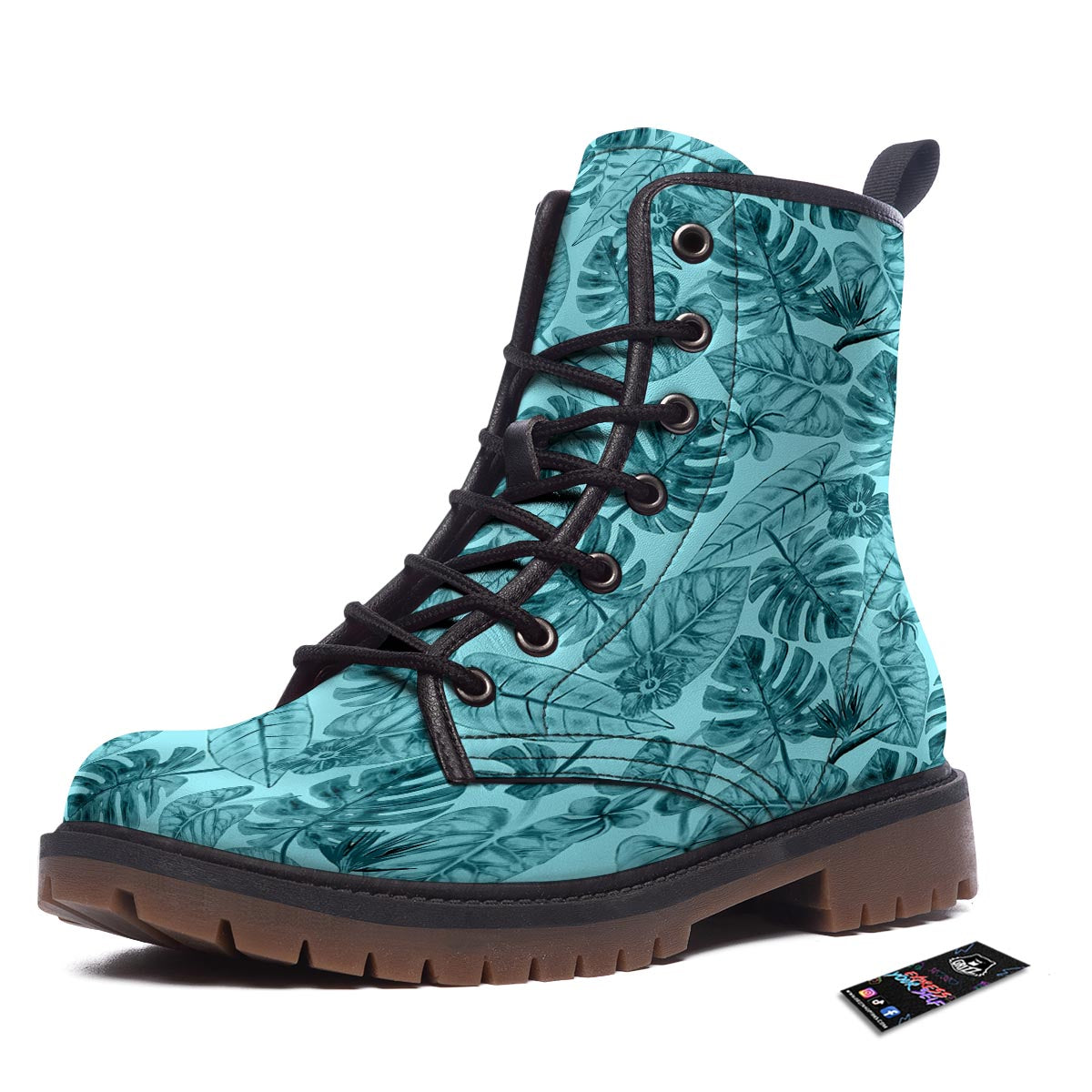 Leaf Flower Teal Hawaiian Print Pattern Work Boots-grizzshop