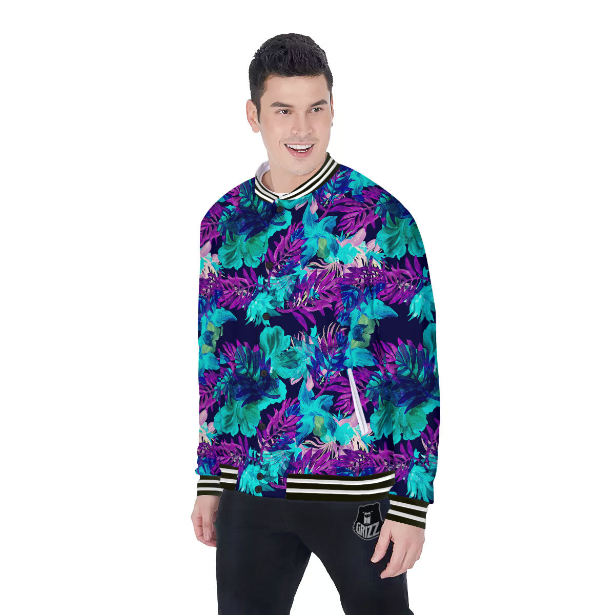 Leaf Green And Purple Print Pattern Baseball Jacket-grizzshop