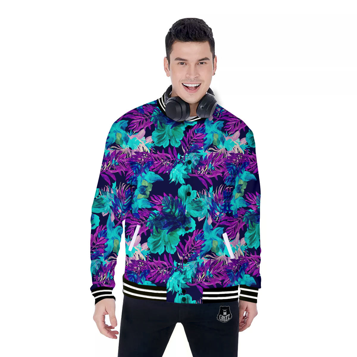 Leaf Green And Purple Print Pattern Baseball Jacket-grizzshop