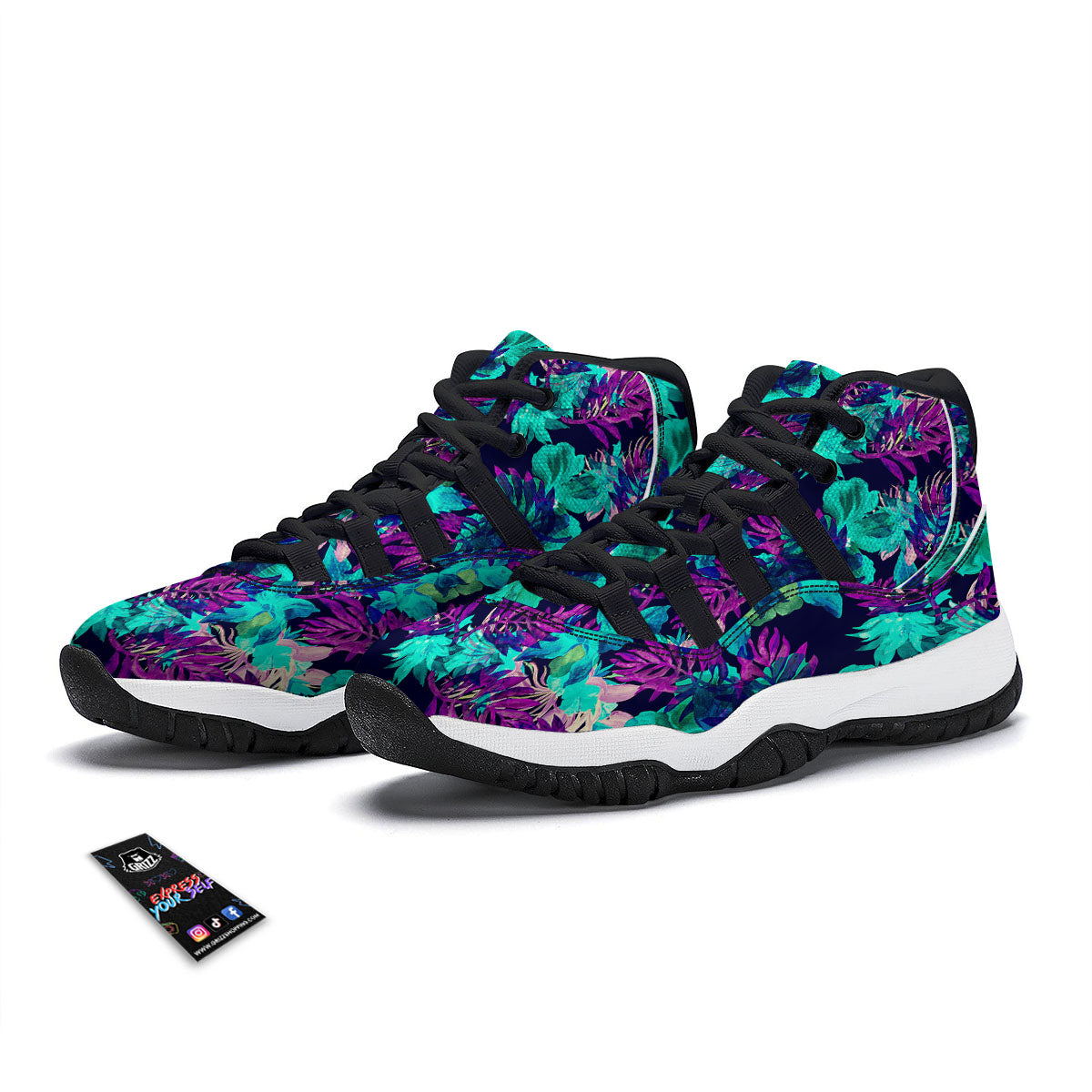 Leaf Green And Purple Print Pattern Black Bball Shoes-grizzshop