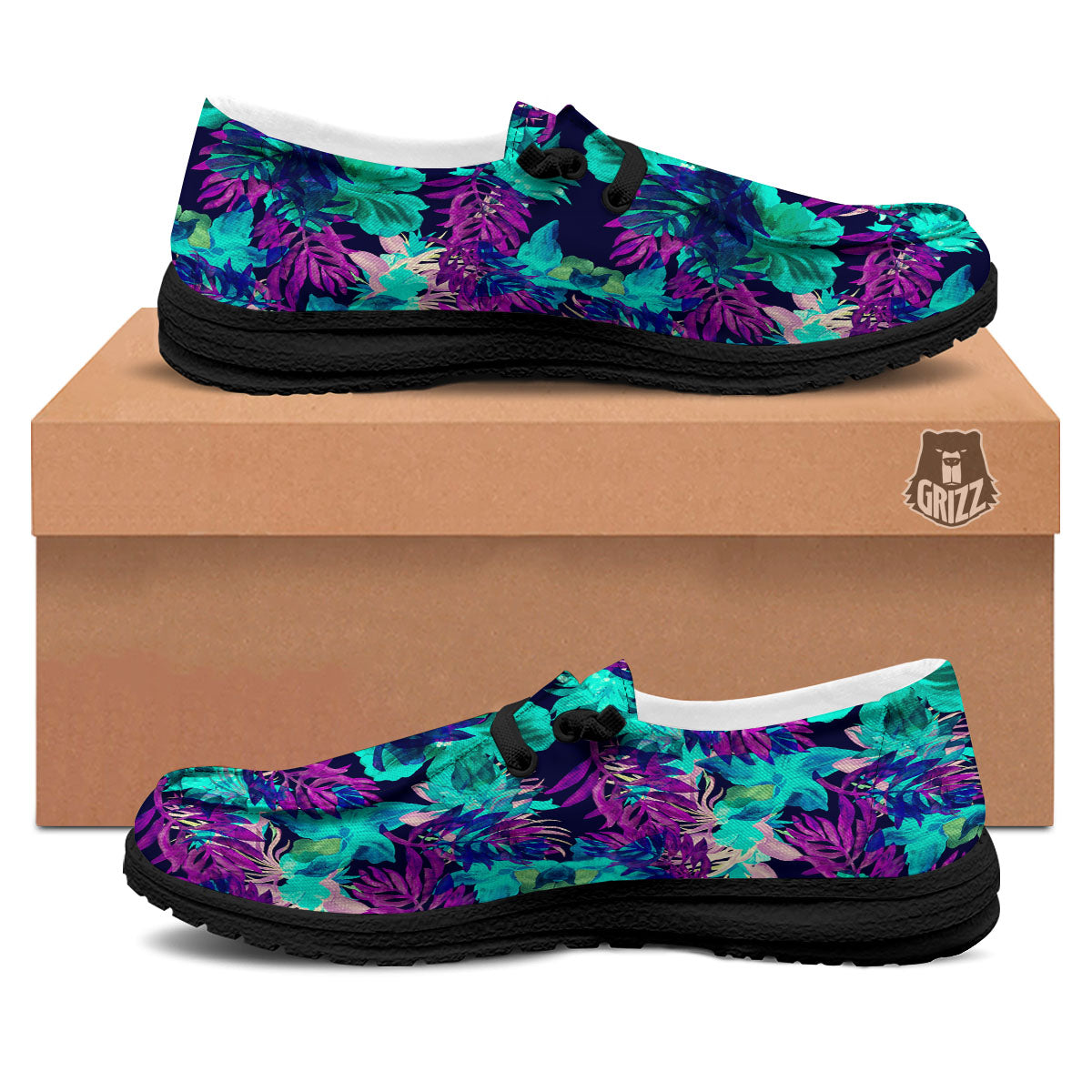 Leaf Green And Purple Print Pattern Black Loafers-grizzshop