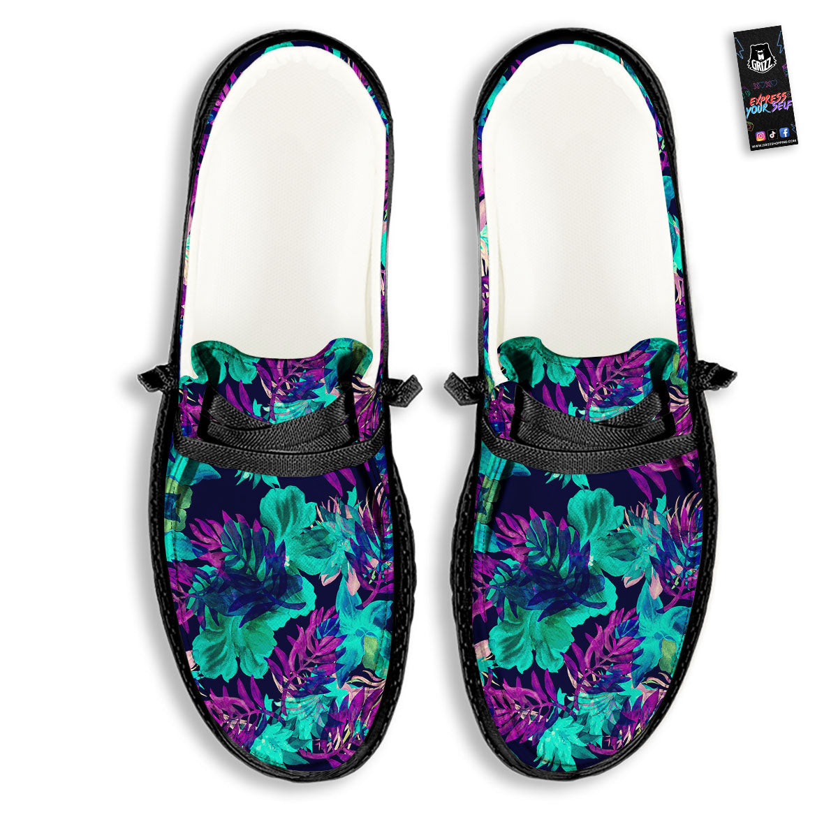 Leaf Green And Purple Print Pattern Black Loafers-grizzshop