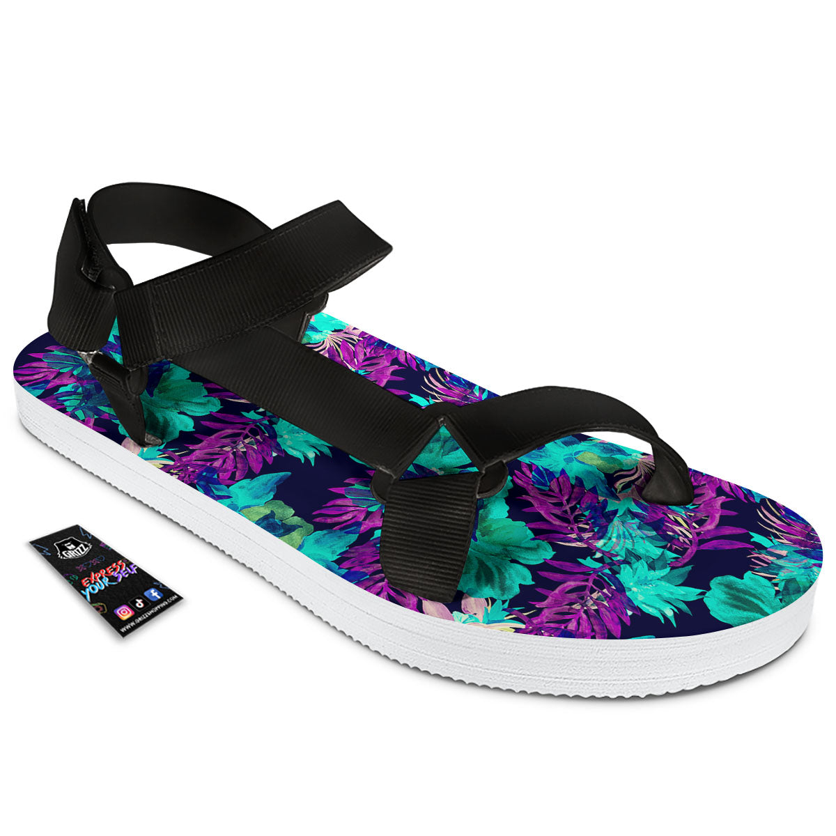 Leaf Green And Purple Print Pattern Black Open Toe Sandals-grizzshop