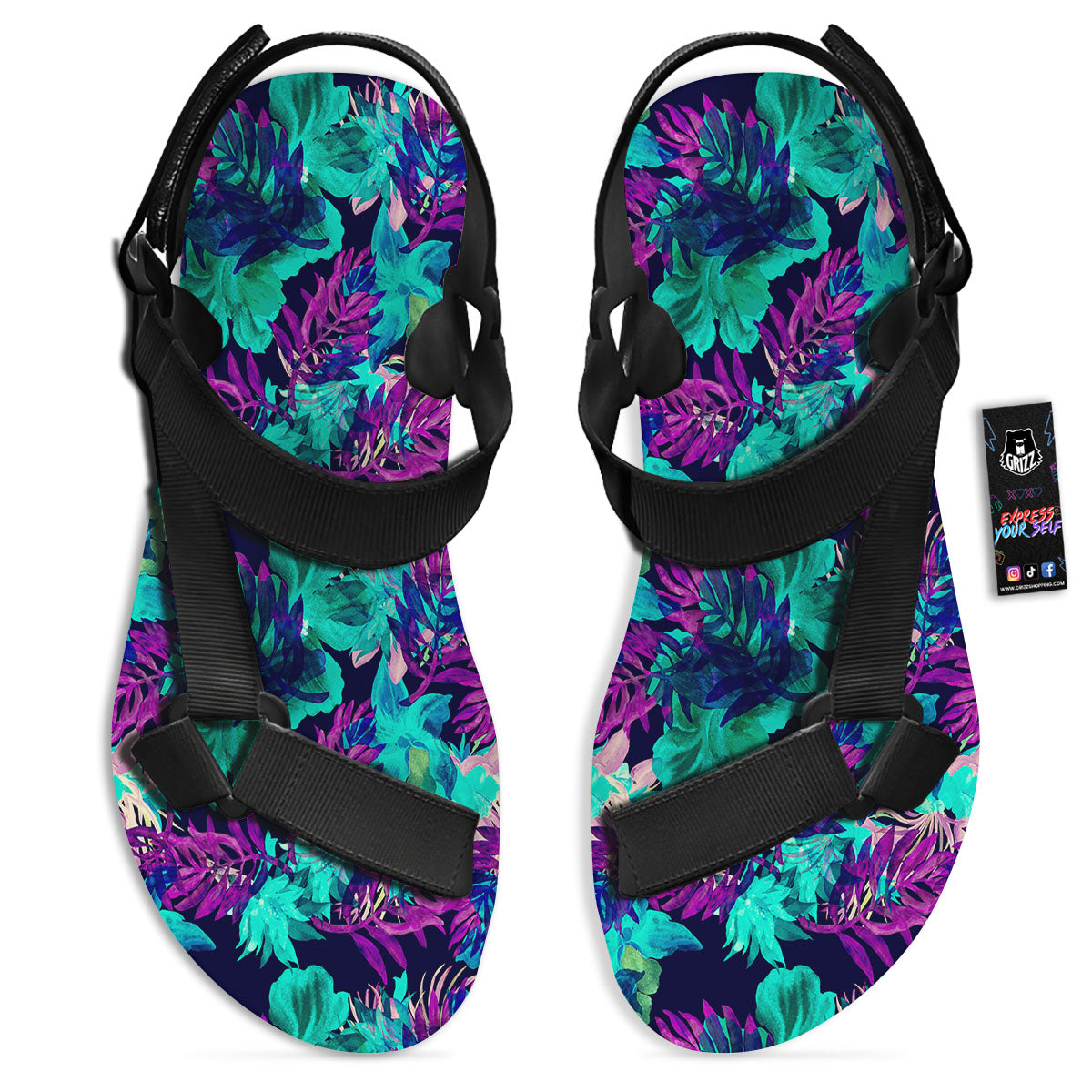 Leaf Green And Purple Print Pattern Black Open Toe Sandals-grizzshop