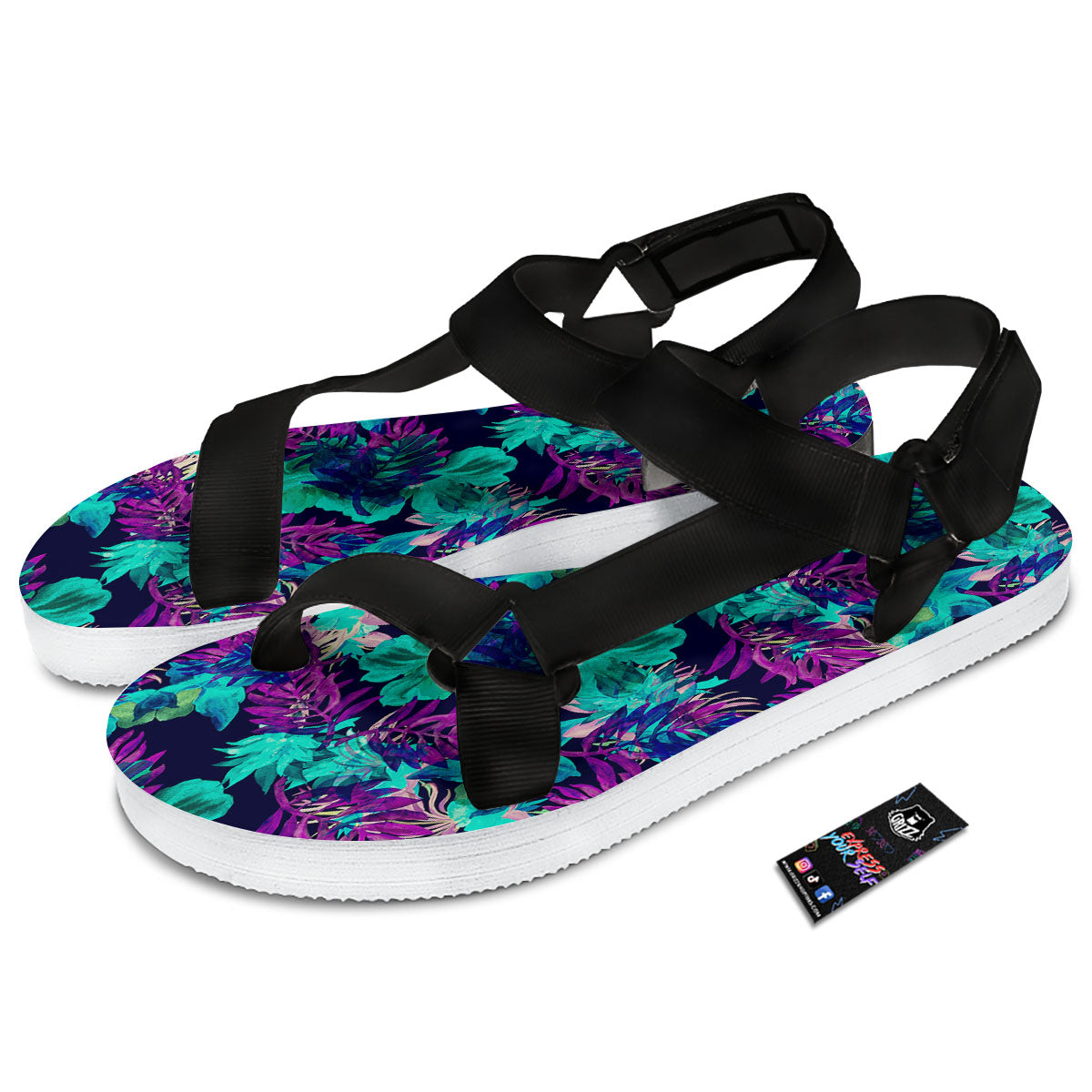 Leaf Green And Purple Print Pattern Black Open Toe Sandals-grizzshop
