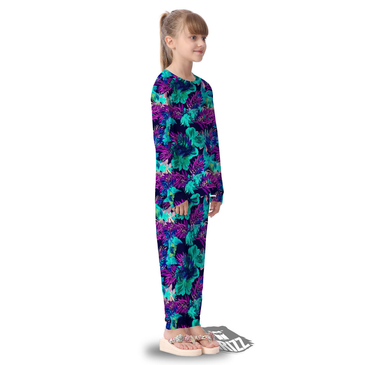 Leaf Green And Purple Print Pattern Kid's Pajamas-grizzshop
