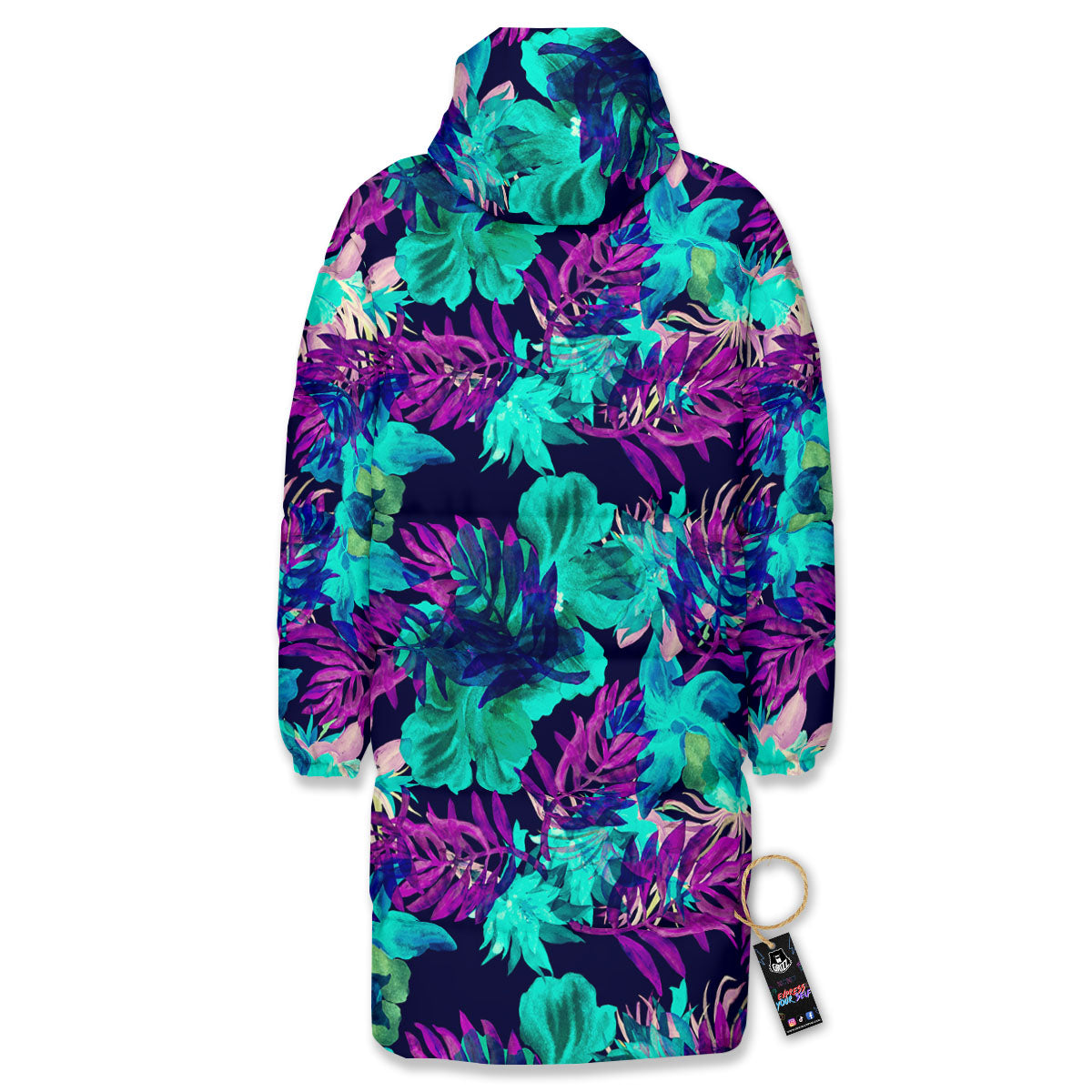 Leaf Green And Purple Print Pattern Long Down Jacket-grizzshop