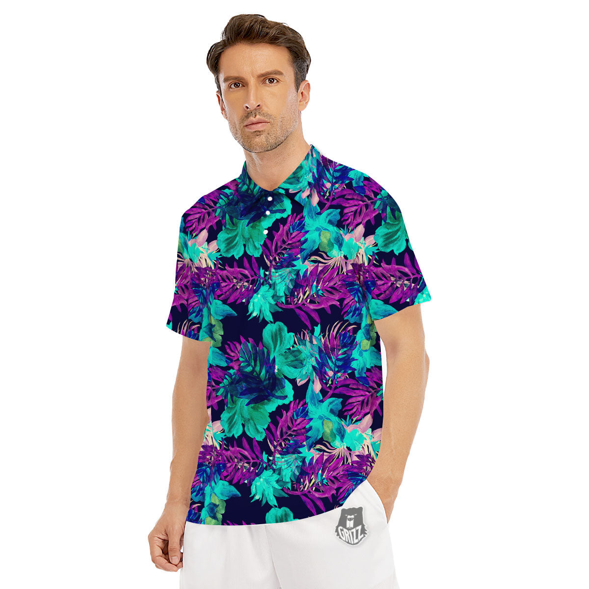 Leaf Green And Purple Print Pattern Men's Golf Shirts-grizzshop
