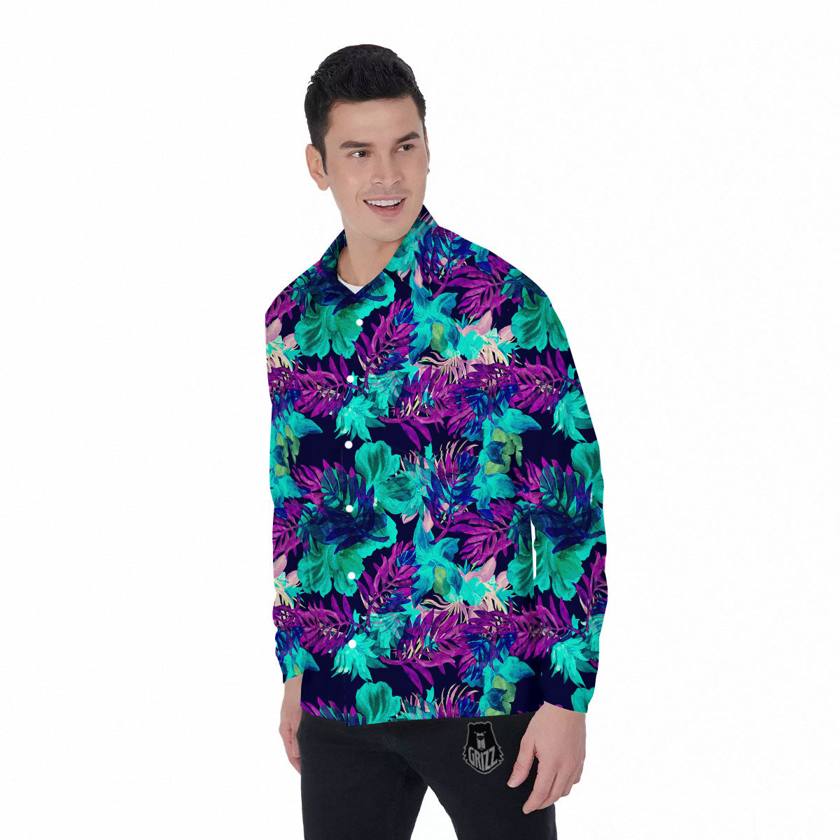 Leaf Green And Purple Print Pattern Men's Long Sleeve Shirts-grizzshop