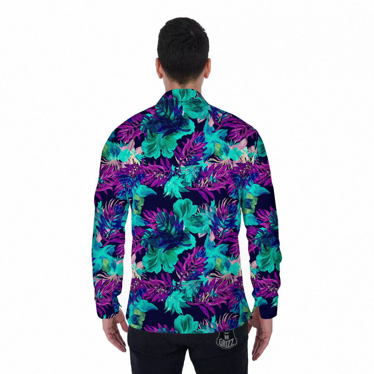 Leaf Green And Purple Print Pattern Men's Long Sleeve Shirts-grizzshop