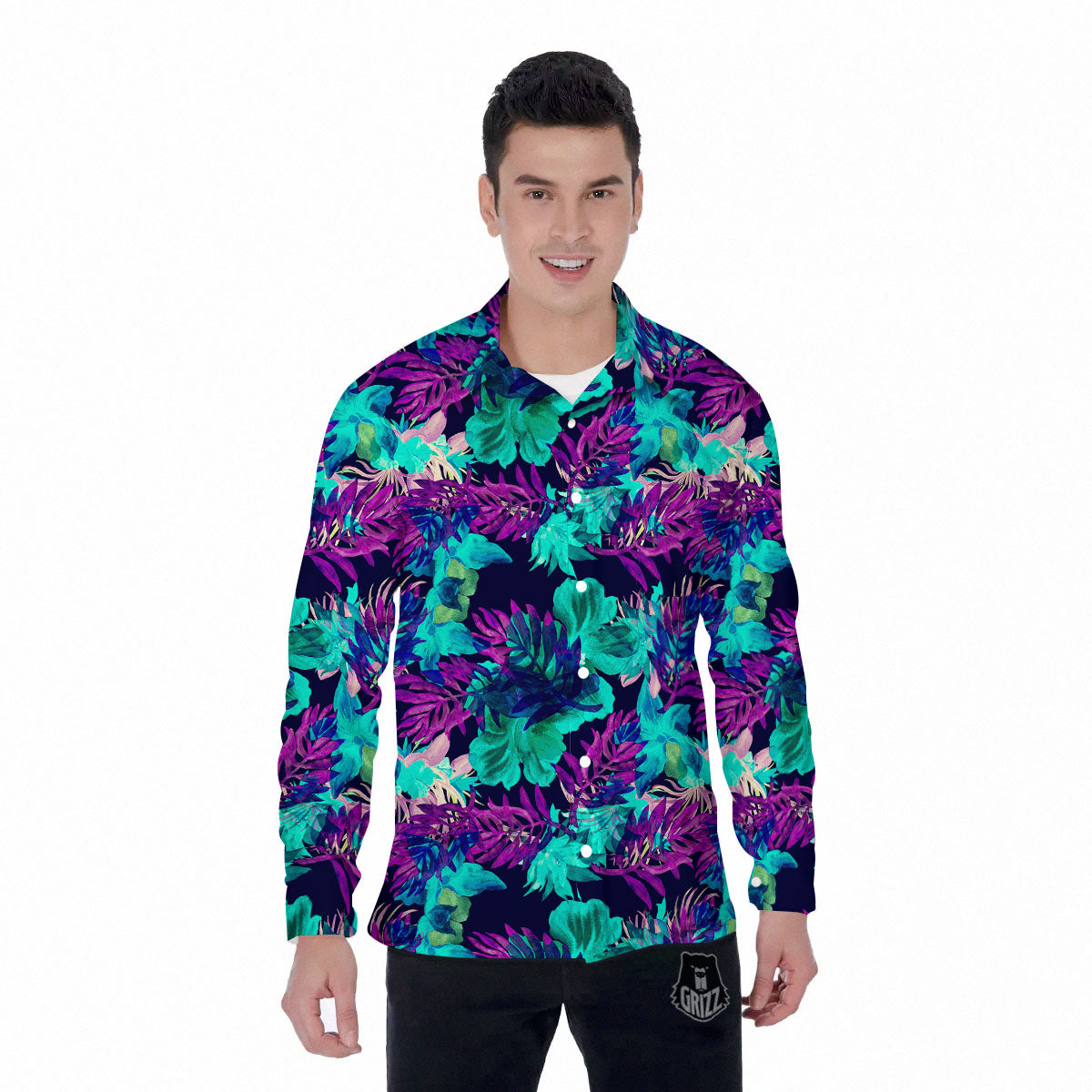 Leaf Green And Purple Print Pattern Men's Long Sleeve Shirts-grizzshop