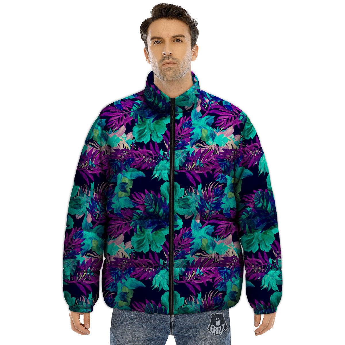 Leaf Green And Purple Print Pattern Puffer Jacket-grizzshop