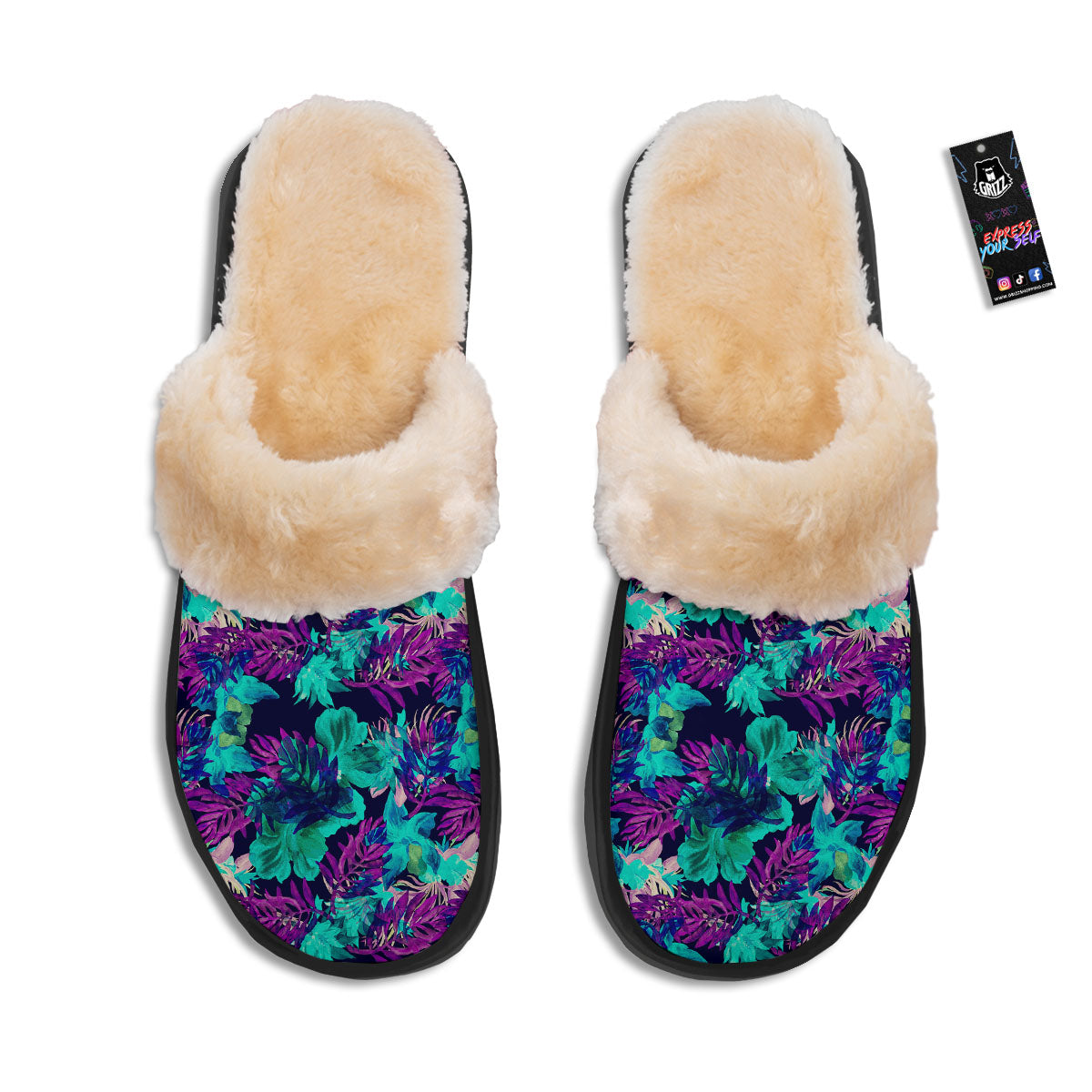 Leaf Green And Purple Print Pattern Slippers-grizzshop