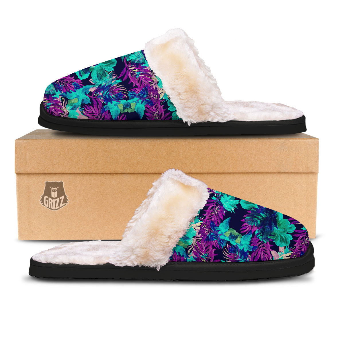 Leaf Green And Purple Print Pattern Slippers-grizzshop