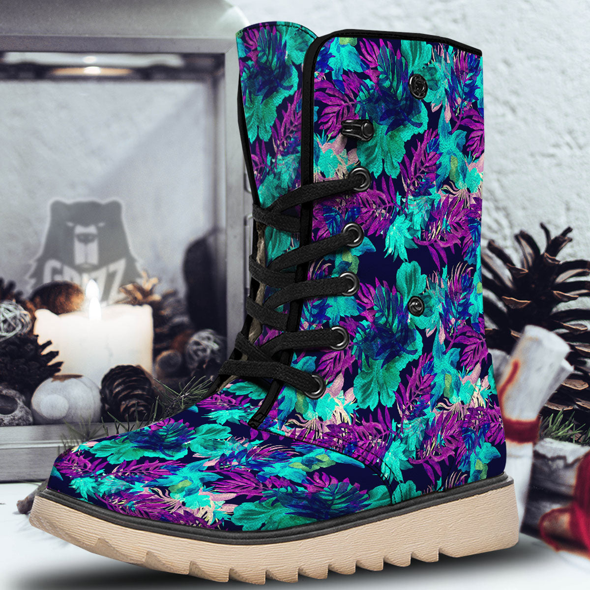 Leaf Green And Purple Print Pattern Snow Boots-grizzshop