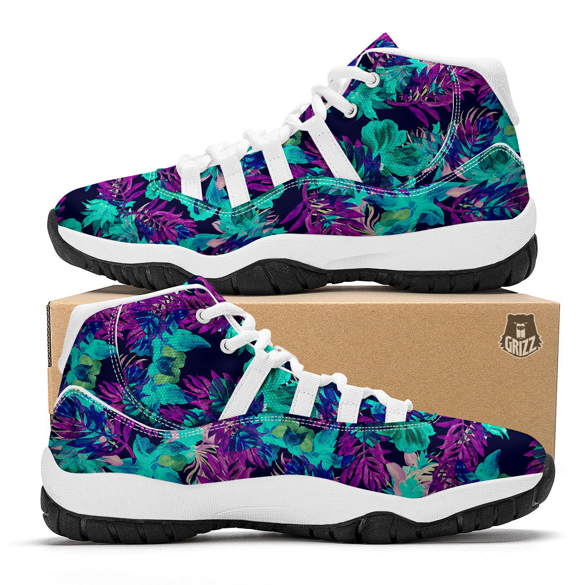 Leaf Green And Purple Print Pattern White Bball Shoes-grizzshop