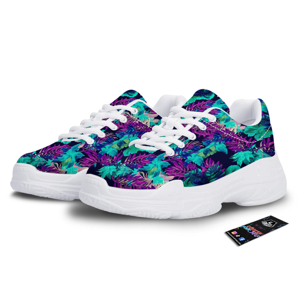 Leaf Green And Purple Print Pattern White Chunky Shoes-grizzshop