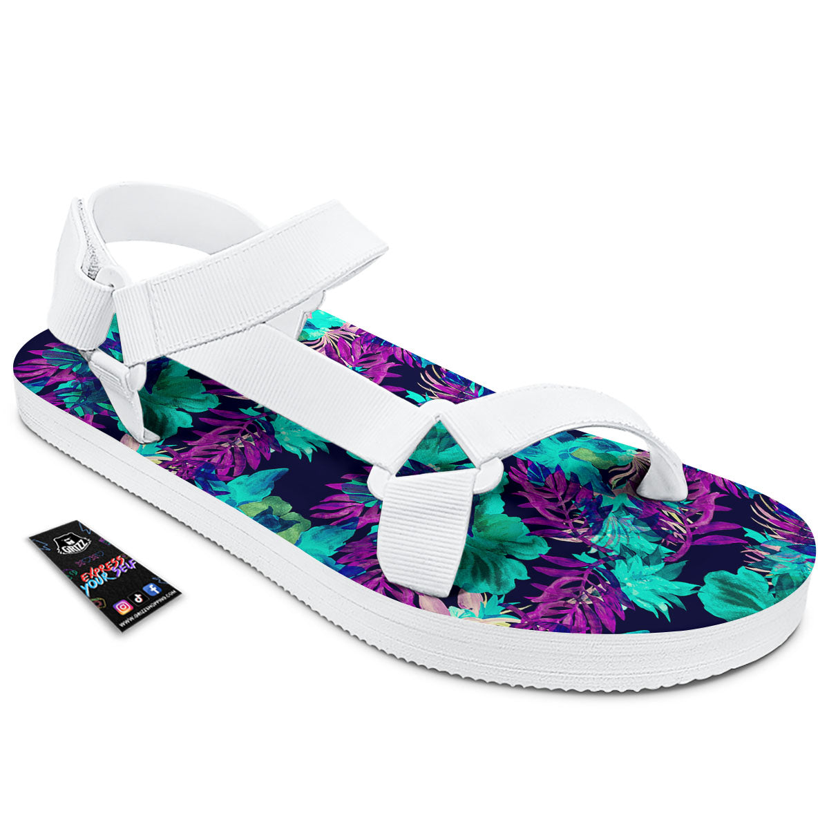 Leaf Green And Purple Print Pattern White Open Toe Sandals-grizzshop