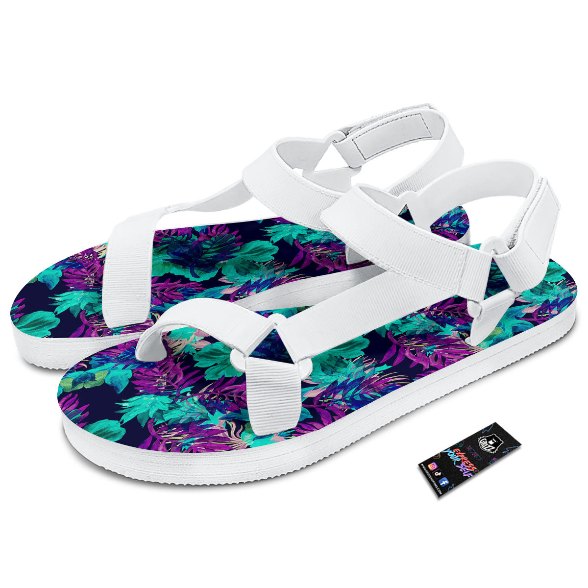 Leaf Green And Purple Print Pattern White Open Toe Sandals-grizzshop