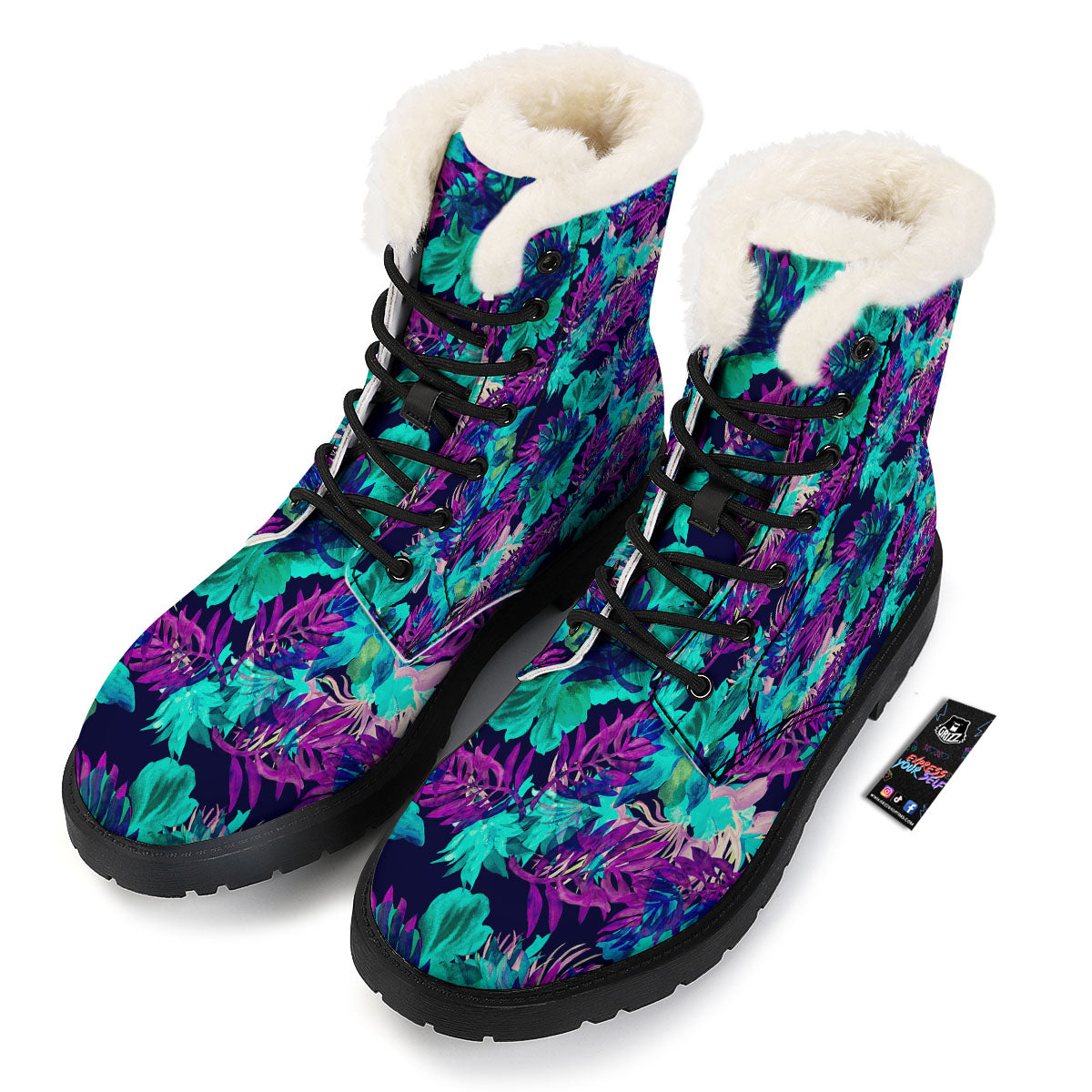 Leaf Green And Purple Print Pattern Winter Boots-grizzshop